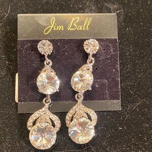 Jim Ball Clear Crystal Drop Earrings in Silver Tone